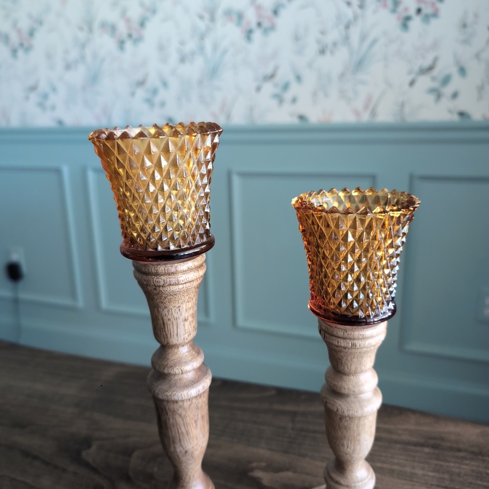 2 Vintage Amber Tulip Peg Votive Candle Holders Diamond Point Glass Set Homeco